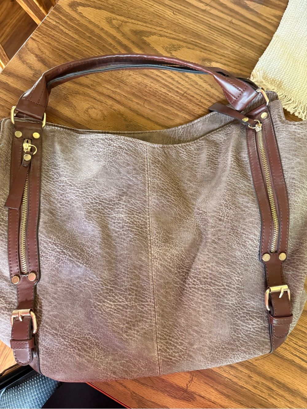 Textured Taupe Leather Shoulder Bag with Brown Trim
